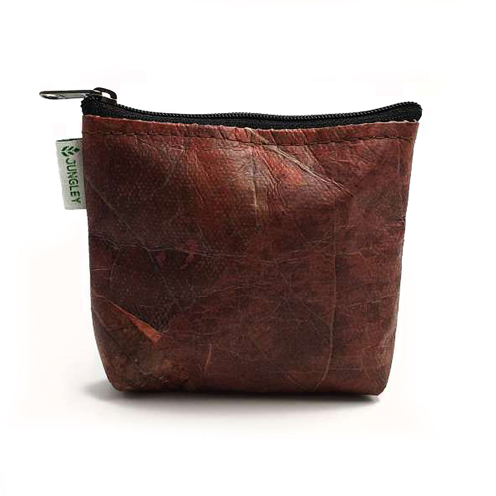 Vegan Teak Leaf Leather Straight Edge Coin Bag in Brown