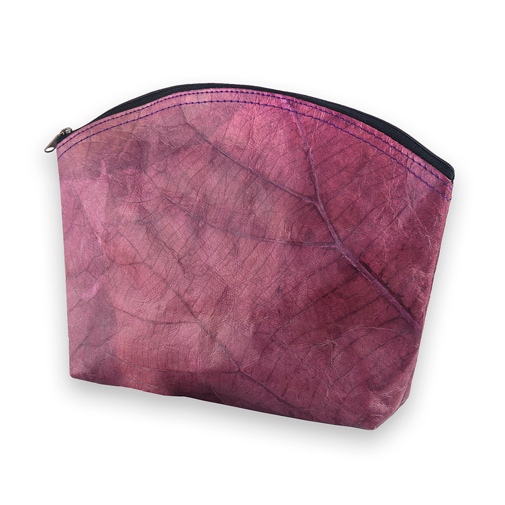 Make Up Bag Large in Leaf Leather - Dark Lavender