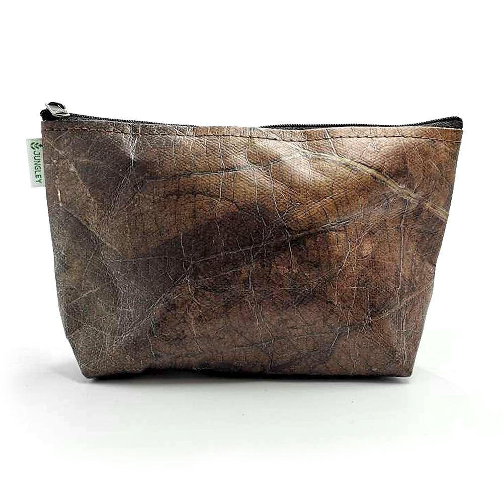 Vegan Teak Leaf Leather Small Make Up Bag in Brown