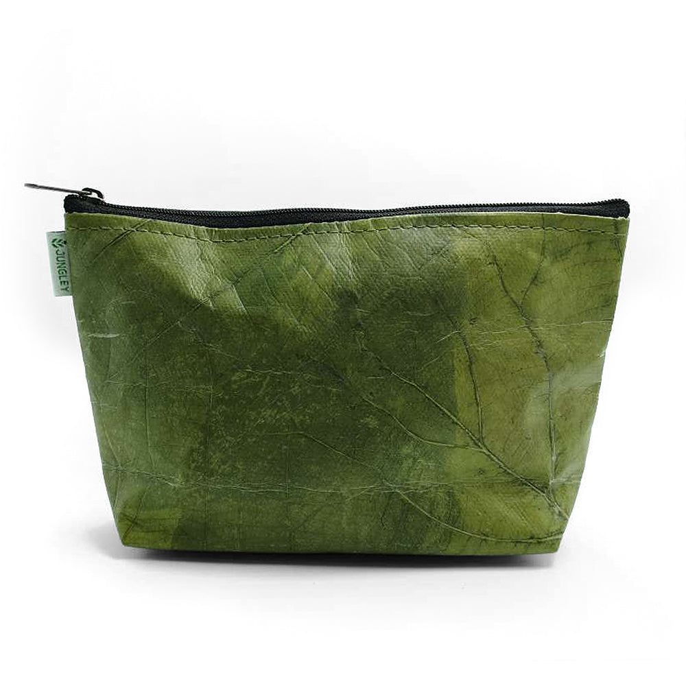 Vegan Teak Leaf Leather Small Make Up Bag in Green