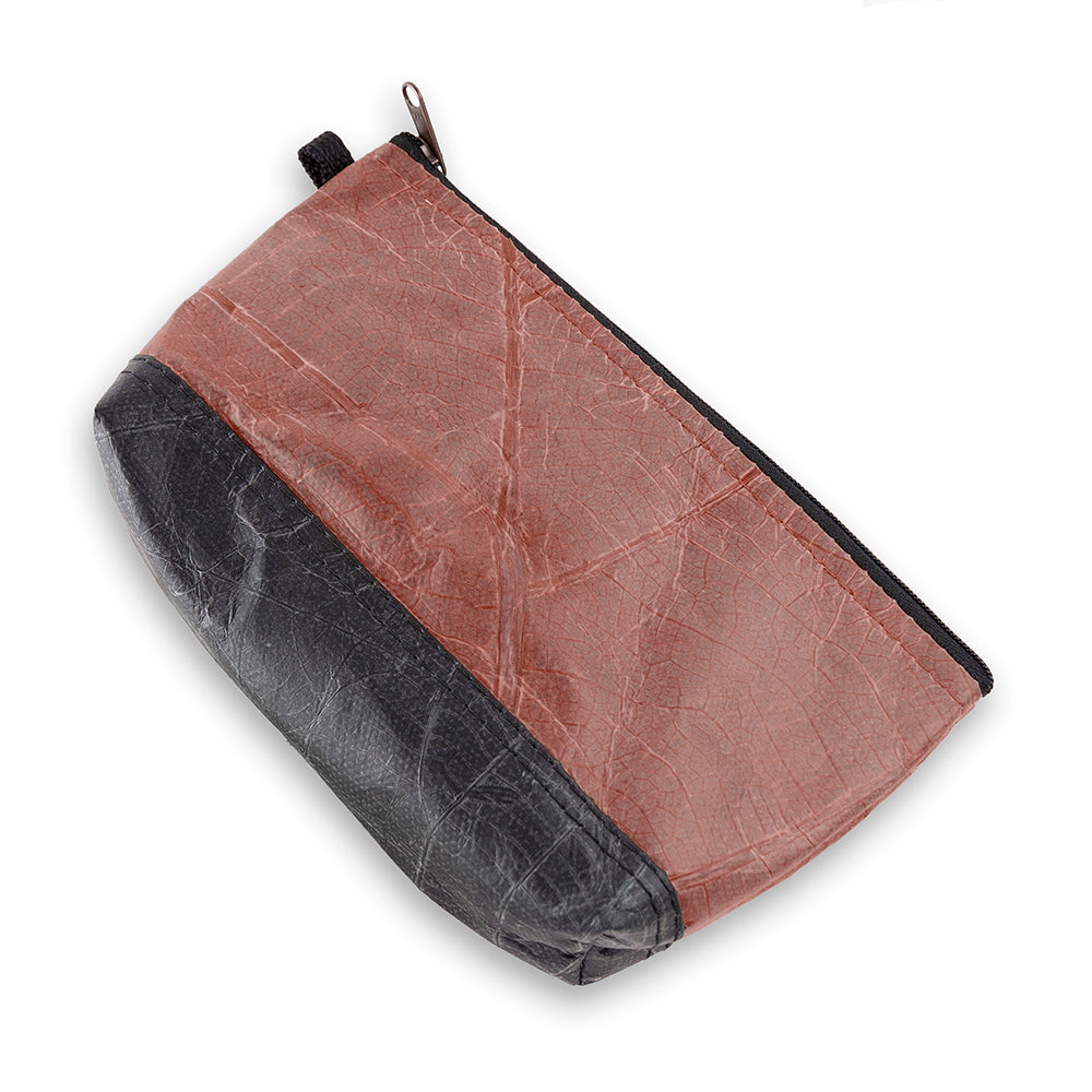 Small Vegan Leaf Leather Wash Bag  - Chestnut Brown
