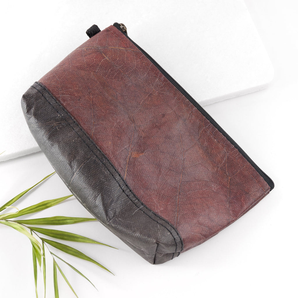 Small Vegan Leaf Leather Wash Bag  - Chestnut Brown