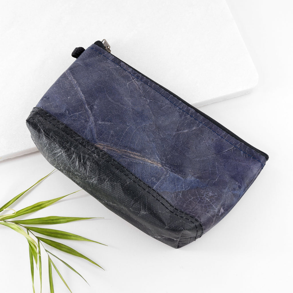 Small Vegan Leaf Leather Wash Bag - Midnight Blue
