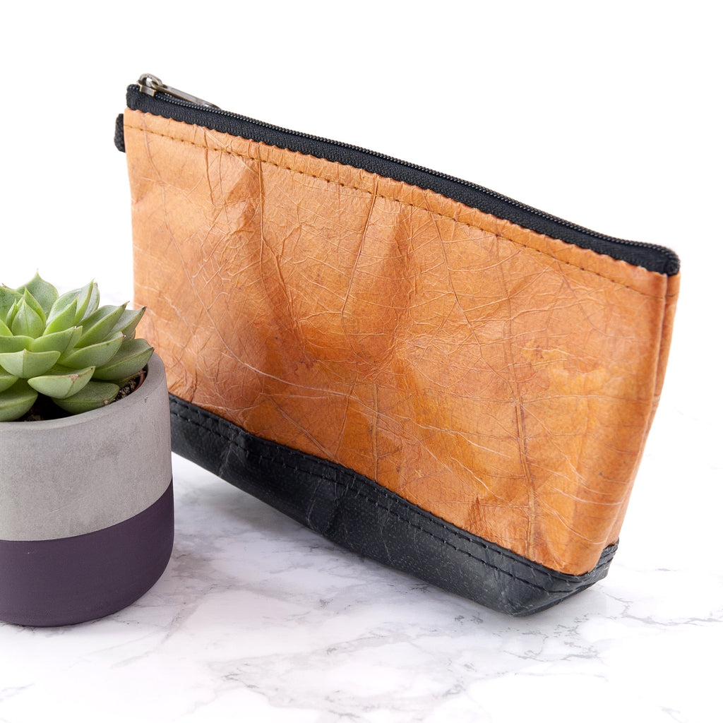 Small Vegan Leaf Leather Wash Bag - Cinnamon Orange