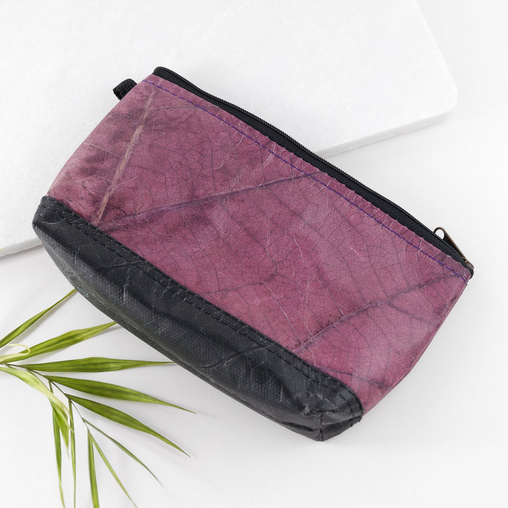 Small Vegan Leaf Leather Wash Bag - Dark Lavender