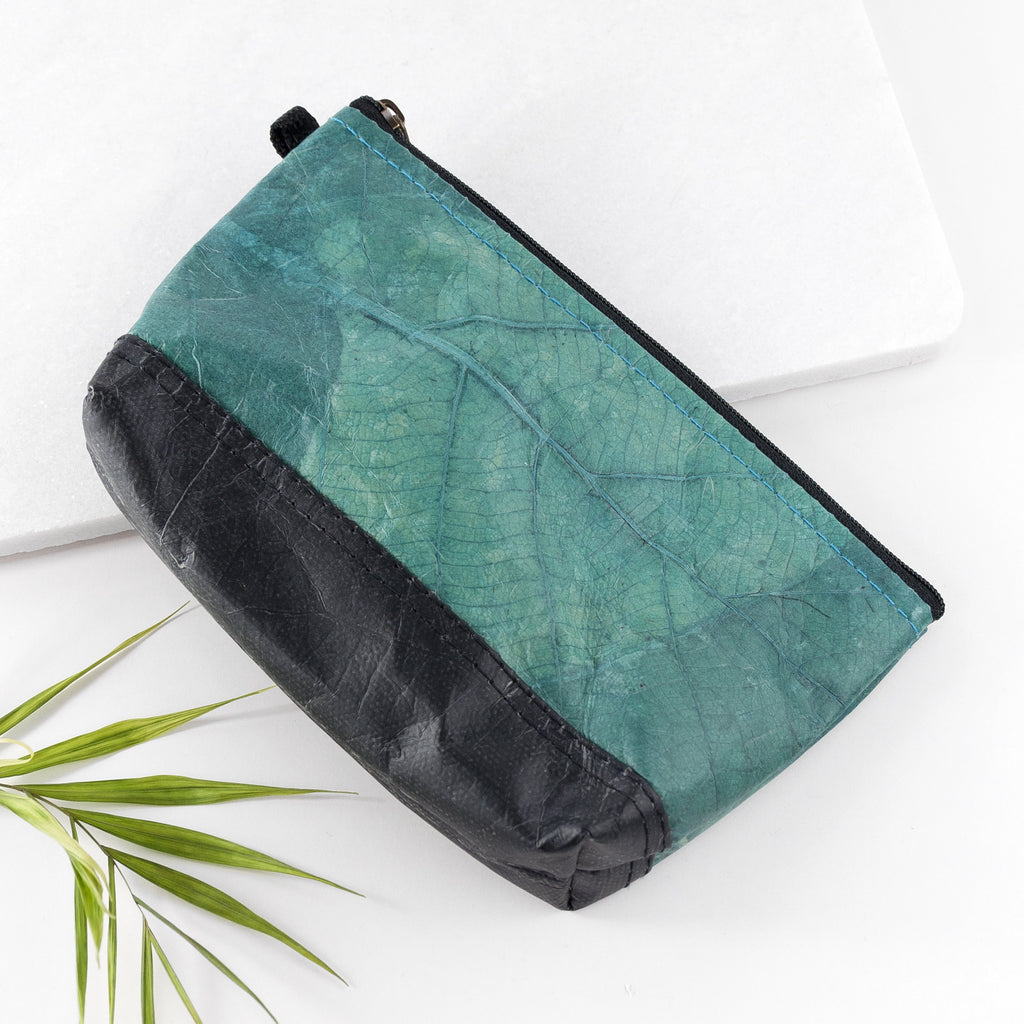 Small Vegan Leaf Leather Wash Bag - Teal