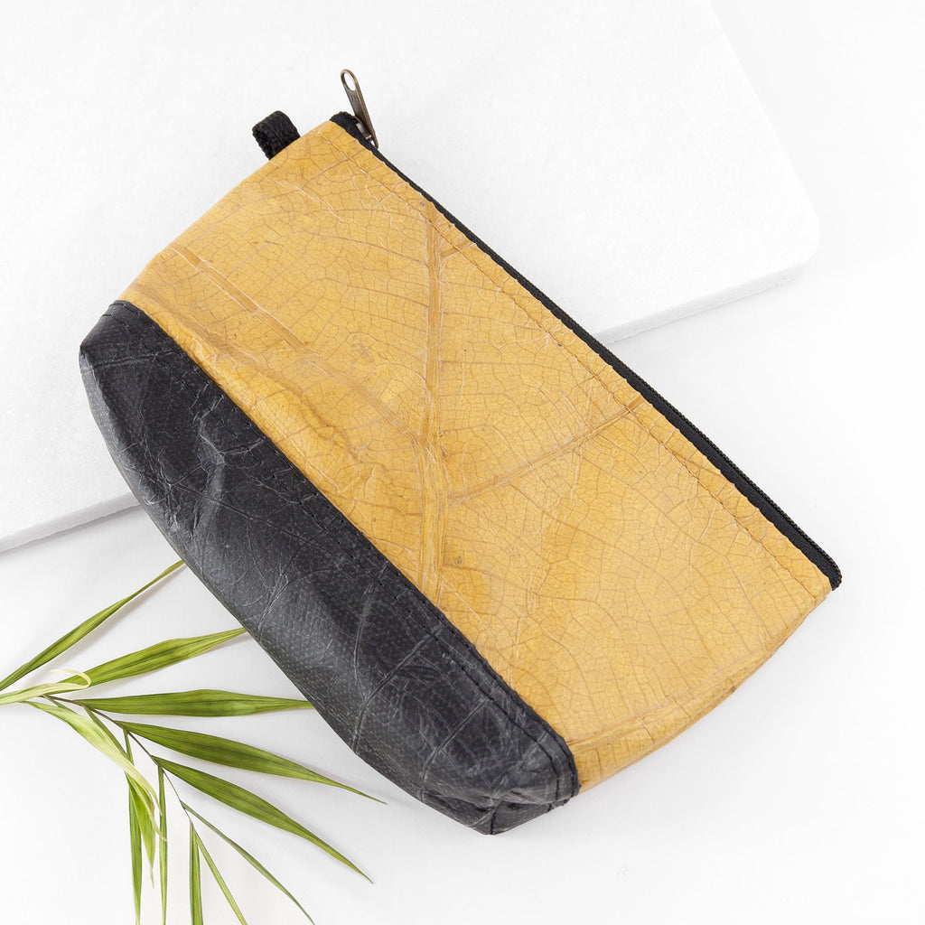 Small Vegan Leaf Leather Wash Bag - Tuscan Yellow