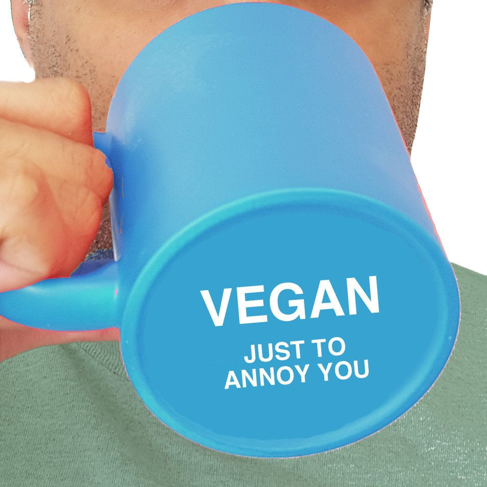 Secret 'Vegan Just To Annoy You' Message Neon Mug - Hilarious Vegan Gift, Tea or Coffee Cup, Vegan gifts uk, funny vegan mug, coffee mug